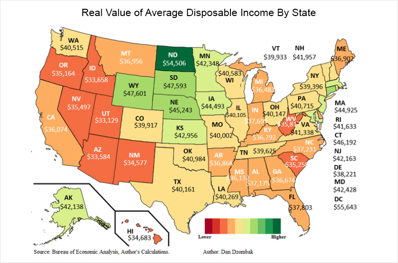 Реальная стоимость среднего располагаемого дохода по штатам